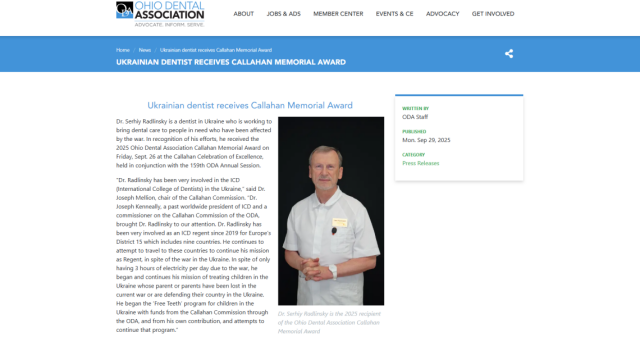Sergii Radlinsky Receives the 2025 Callahan Memorial Award from the Ohio Dental Association